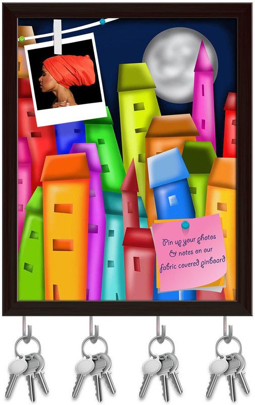 Artzfolio Colorful Houses D1 Pinboard with Key Holder Hooks Dark Brown Frame 10x12.6inch Cork Bulletin Board  (Multicolor 10 x 12.6 inch (25 x 32 cms))