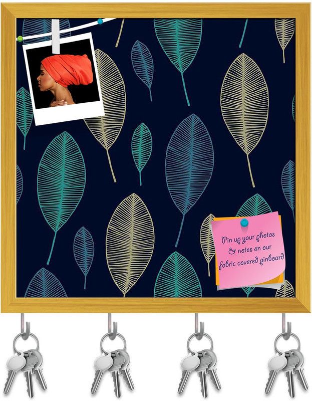 Artzfolio Linear Leaves Pin Board with Key Holder Hooks Golden Frame 20x20inch (51x51cms) Cork Bulletin Board  (Multicolor 20 x 20 inch (51 x 51 cms))
