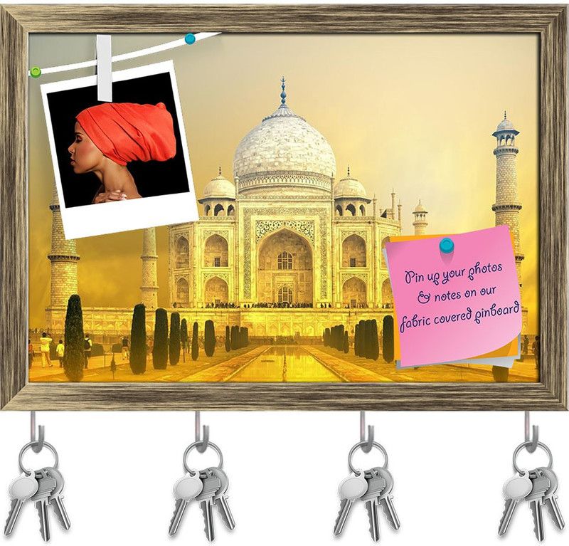 Artzfolio Taj Mahal Sunset India Pin Board with Key Hooks Antique Golden Frame 17.1x12inch Cork Bulletin Board  (Multicolor 17.1 x 12 inch (43 x 30 cms))