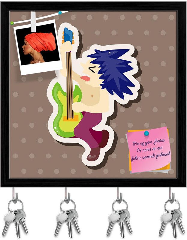 Artzfolio Guitar Player Pin Board with Key Holder Hooks Black Frame 8x8inch (20x20cms) Cork Bulletin Board  (Multicolor 8 x 8 inch (20 x 20 cms))
