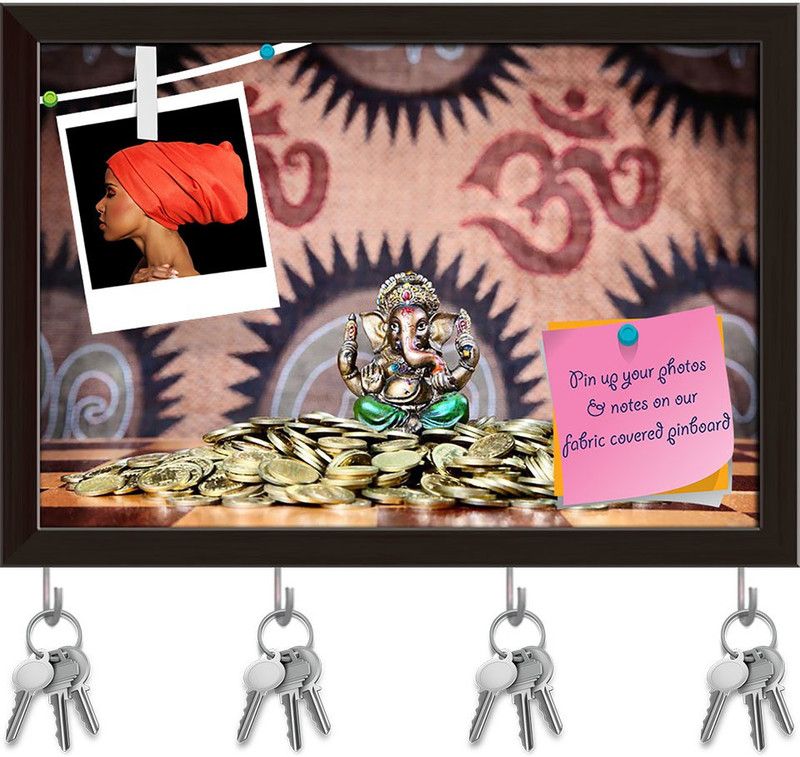 Artzfolio Lord Ganesh D1 Pinboard with Key Holder Hooks Dark Brown Frame 17.3x12inch Cork Bulletin Board  (Multicolor 17.3 x 12 inch (44 x 30 cms))