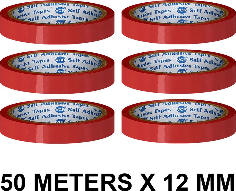 VCR Red Color Tape - 50 Meters in Length - 12mm / 0.5" Width - 6 Rolls Per Pack Handheld Color Packaging Tape (Manual)  (Set of 6, Red)