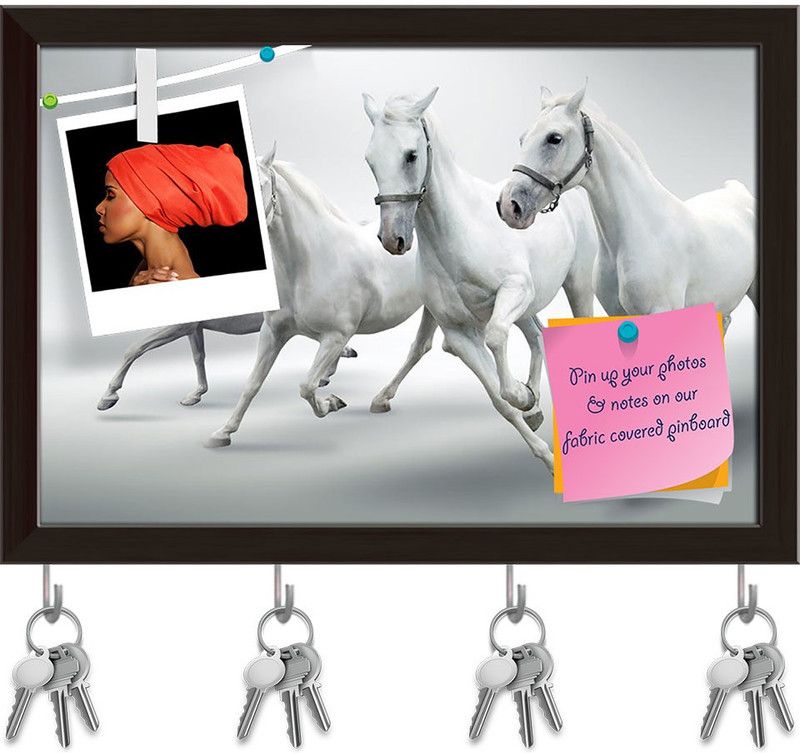 Artzfolio White Horses D1 Pinboard with Key Holder Hooks Dark Brown Frame 17.5x12inch Cork Bulletin Board  (Multicolor 17.5 x 12 inch (44 x 30 cms))