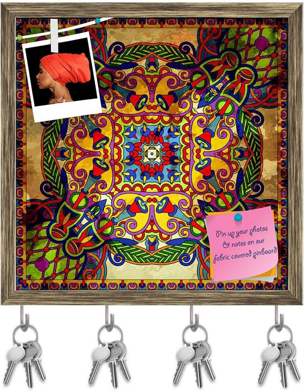 Artzfolio Floral Paisley Bandanna Pin Board with Key Hooks Antique Golden Frame 20x20inch Cork Bulletin Board  (Multicolor 20 x 20 inch (51 x 51 cms))
