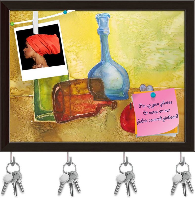 Artzfolio Colourful Pottery Pinboard with Key Holder Hooks Dark Brown Frame 7.7x6inch Cork Bulletin Board  (Multicolor 7.7 x 6 inch (20 x 15 cms))