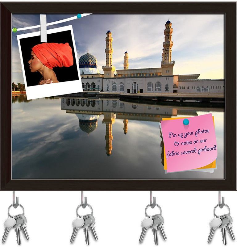 Artzfolio Likas Mosque Pinboard with Key Holder Hooks Dark Brown Frame 12.6x10inch Cork Bulletin Board  (Multicolor 12.6 x 10 inch (32 x 25 cms))
