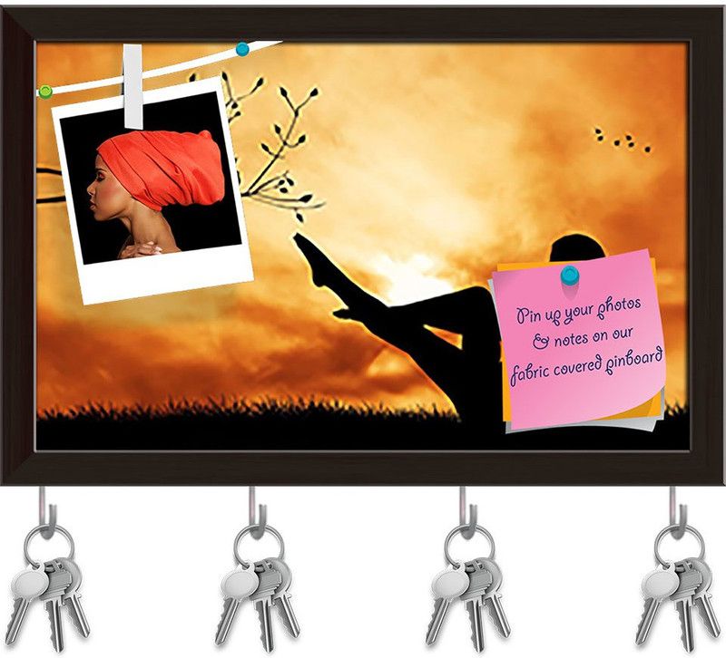 Artzfolio Yoga Pose D1 Pinboard with Key Holder Hooks Dark Brown Frame 15.4x10inch Cork Bulletin Board  (Multicolor 15.4 x 10 inch (39 x 25 cms))