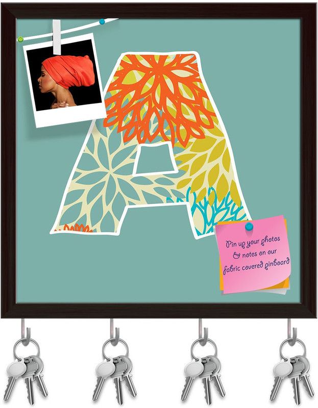 Artzfolio Floral Letter A Pinboard with Key Holder Hooks Dark Brown Frame 16x16inch Cork Bulletin Board  (Multicolor 16 x 16 inch (41 x 41 cms))