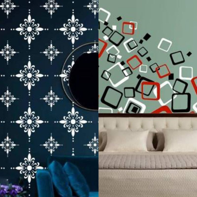 Aaradhya Collection Reusable DIY Designer PVC Wall Stencil Painting for Home Decoration Combo (16 x 24 inches, Designer Pattern & Square Box Classic Design) B6510_30089 Wall Stencil Stencil  (Pack of 2, Printed)