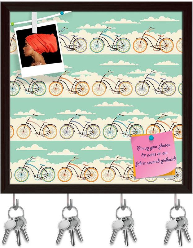 Artzfolio Retro Design Pinboard with Key Holder Hooks Dark Brown Frame 16x16inch Cork Bulletin Board  (Multicolor 16 x 16 inch (41 x 41 cms))