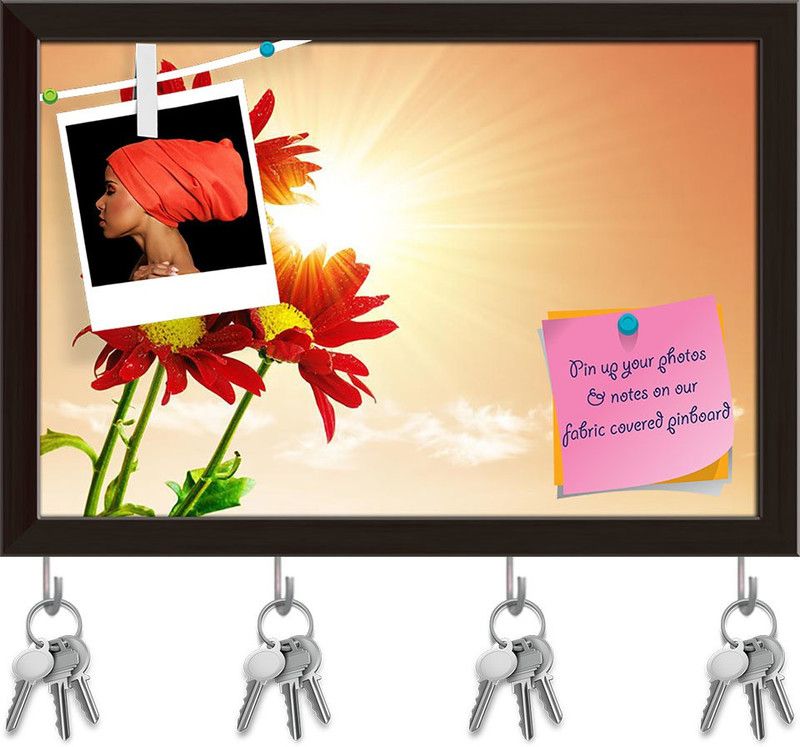 Artzfolio Three Red Flowers Pinboard with Key Holder Hooks Dark Brown Frame 8.6x6inch Cork Bulletin Board  (Multicolor 8.6 x 6 inch (22 x 15 cms))