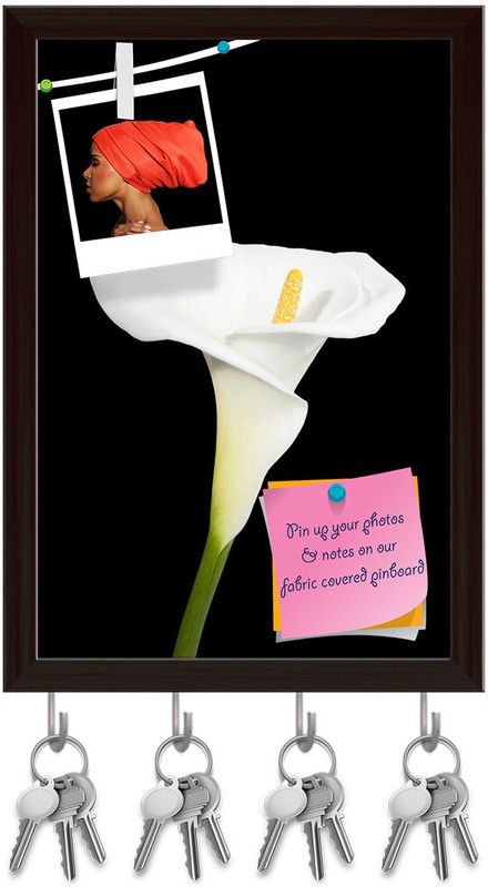 Artzfolio White Calla Lily Pinboard with Key Holder Hooks Dark Brown Frame 8x11.5inch Cork Bulletin Board  (Multicolor 8 x 11.5 inch (20 x 29 cms))