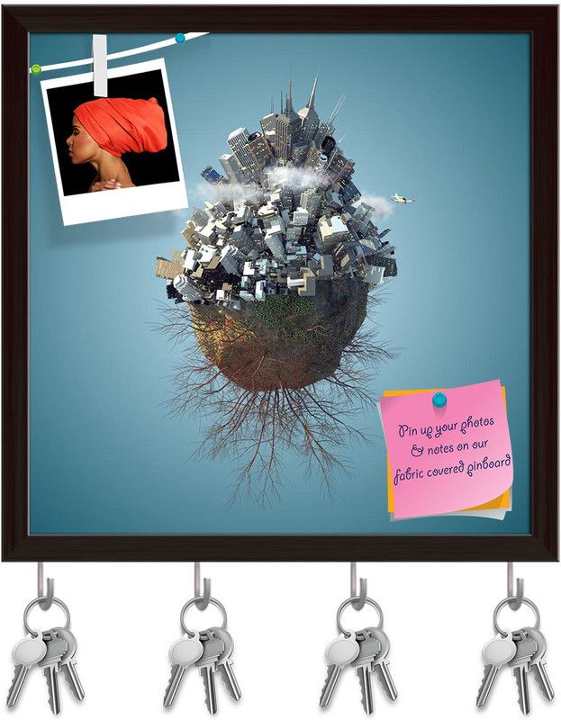 Artzfolio World Is Not Enough Pinboard with Key Holder Hooks Dark Brown Frame 20x20inch Cork Bulletin Board  (Multicolor 20 x 20 inch (51 x 51 cms))