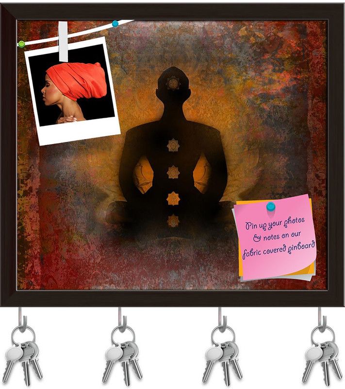 Artzfolio Yoga Lotus Pose D8 Pinboard with Key Holder Hooks Dark Brown Frame 18.3x16inch Cork Bulletin Board  (Multicolor 18.3 x 16 inch (46 x 41 cms))