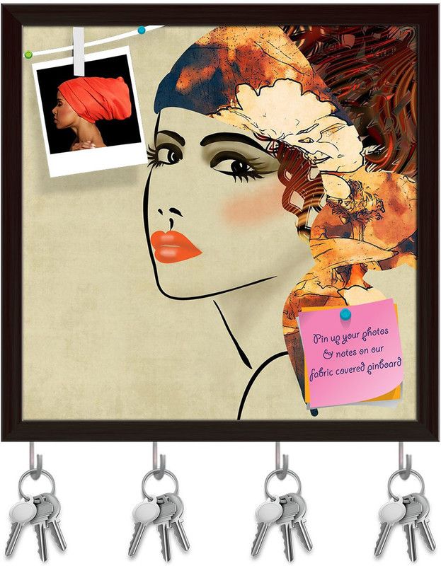 Artzfolio Beautiful Girl Face D7 Pinboard with Key Holder Hooks Dark Brown Frame 16x16inch Cork Bulletin Board  (Multicolor 16 x 16 inch (41 x 41 cms))