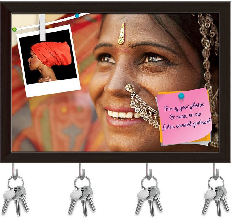 Artzfolio India Rajasthani Woman Pinboard with Key Holders Dark Brown Frame11.5x8inch Cork Bulletin Board  (Multicolor 11.5 x 8 inch (29 x 20 cms))