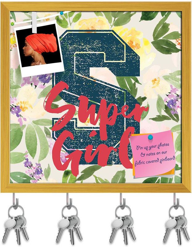 Artzfolio Super Girl Typography Quote Pinboard with Key Holders Golden Frame 8x8inch Cork Bulletin Board  (Multicolor 8 x 8 inch (20 x 20 cms))
