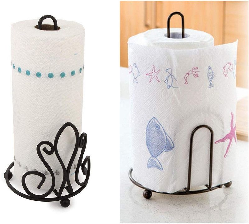 Happie Shopping 1 Compartments Wrought Iron Kitchen Tissue Paper (Flower & U) Roll Holder, Roll Stand for Kitchen Dining Table (Set Of 2) - Black  (Black)