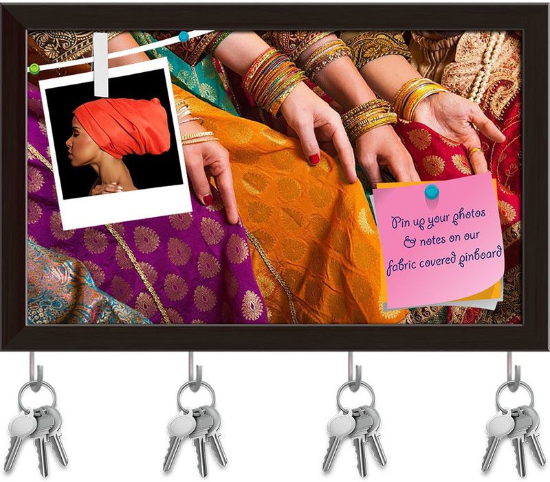 Artzfolio Bollywood Dancers Pinboard with Key Holder Hooks Dark Brown Frame 16.2x10inch Cork Bulletin Board  (Multicolor 16.2 x 10 inch (41 x 25 cms))