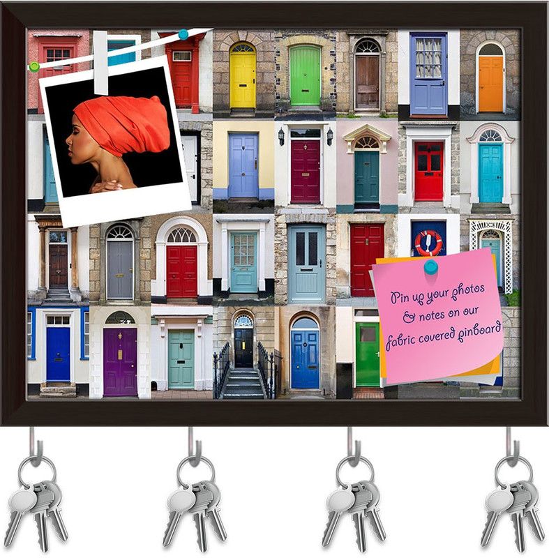 Artzfolio Colourful Doors D1 Pinboard with Key Holder Hooks Dark Brown Frame 7.7x6inch Cork Bulletin Board  (Multicolor 7.7 x 6 inch (20 x 15 cms))
