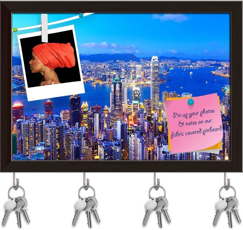 Artzfolio Hong Kong Skyline At Night Pinboard with Key Holders Dark Brown Frame14.3x10inch Cork Bulletin Board  (Multicolor 14.3 x 10 inch (36 x 25 cms))