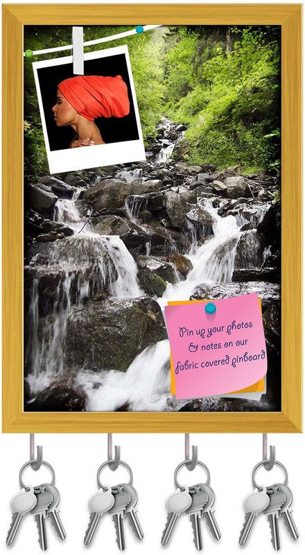 Artzfolio Waterfall Pinboard with Key Holder Hooks Golden Frame 10x14.5inch (25x37cms) Cork Bulletin Board  (Multicolor 10 x 14.5 inch (25 x 37 cms))