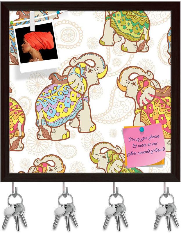 Artzfolio Indian Elephant Pinboard with Key Holder Hooks Dark Brown Frame 20x20inch Cork Bulletin Board  (Multicolor 20 x 20 inch (51 x 51 cms))