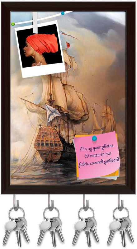 Artzfolio Sailing Vessel D1 Pinboard with Key Holder Hooks Dark Brown Frame 10x14.5inch Cork Bulletin Board  (Multicolor 10 x 14.5 inch (25 x 37 cms))