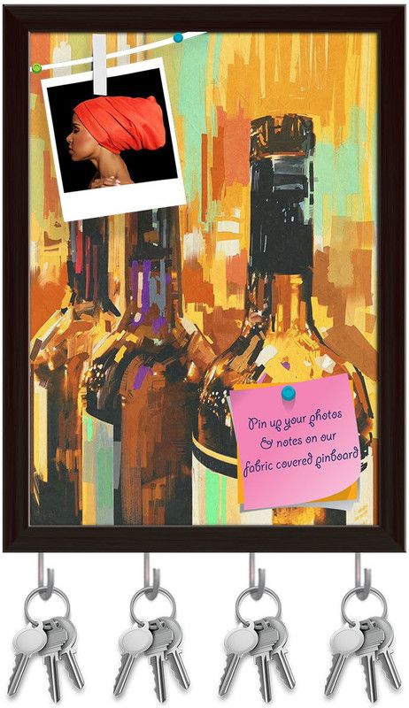 Artzfolio Colorful Artwork With Bottle Of Wine Pinboard & Key Hooks Dark Brown 6x8.1inch Cork Bulletin Board  (Multicolor 6 x 8.1 inch (15 x 21 cms))