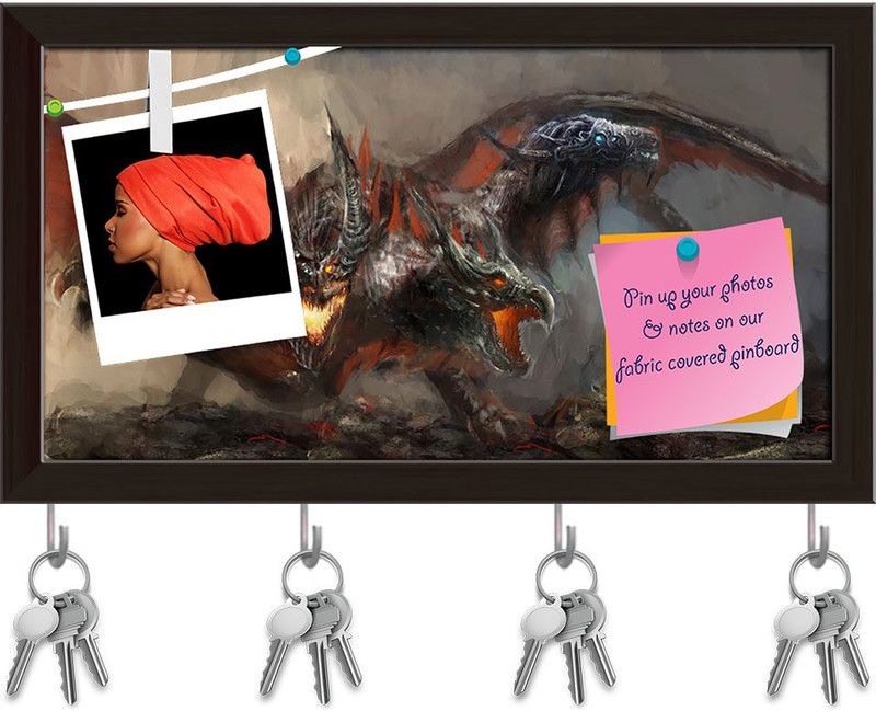 Artzfolio Three Headed Dragon D1 Pinboard with Key Holders Dark Brown Frame14.4x8inch Cork Bulletin Board  (Multicolor 14.4 x 8 inch (37 x 20 cms))