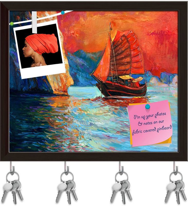 Artzfolio Artwork Of Chinese Sailing Ship & Cliffs Pinboard & Key Hooks Dark Brown19x16in Cork Bulletin Board  (Multicolor 19 x 16 inch (48 x 41 cms))