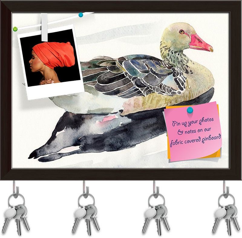 Artzfolio Watercolor Bird Duck Pinboard with Key Holder Hooks Dark Brown Frame 10.7x8inch Cork Bulletin Board  (Multicolor 10.7 x 8 inch (27 x 20 cms))