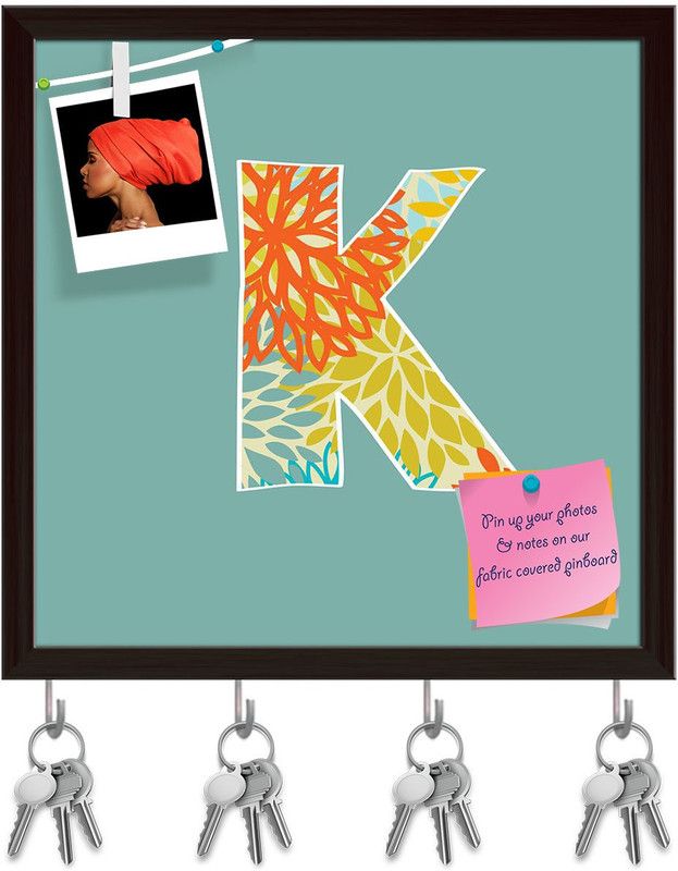 Artzfolio Floral Letter K Pinboard with Key Holder Hooks Dark Brown Frame 16x16inch Cork Bulletin Board  (Multicolor 16 x 16 inch (41 x 41 cms))