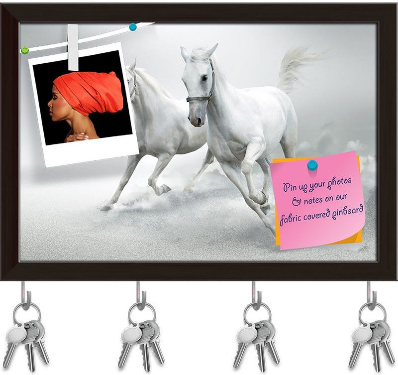 Artzfolio White Horses D2 Pinboard with Key Holder Hooks Dark Brown Frame 8.5x6inch Cork Bulletin Board  (Multicolor 8.5 x 6 inch (22 x 15 cms))