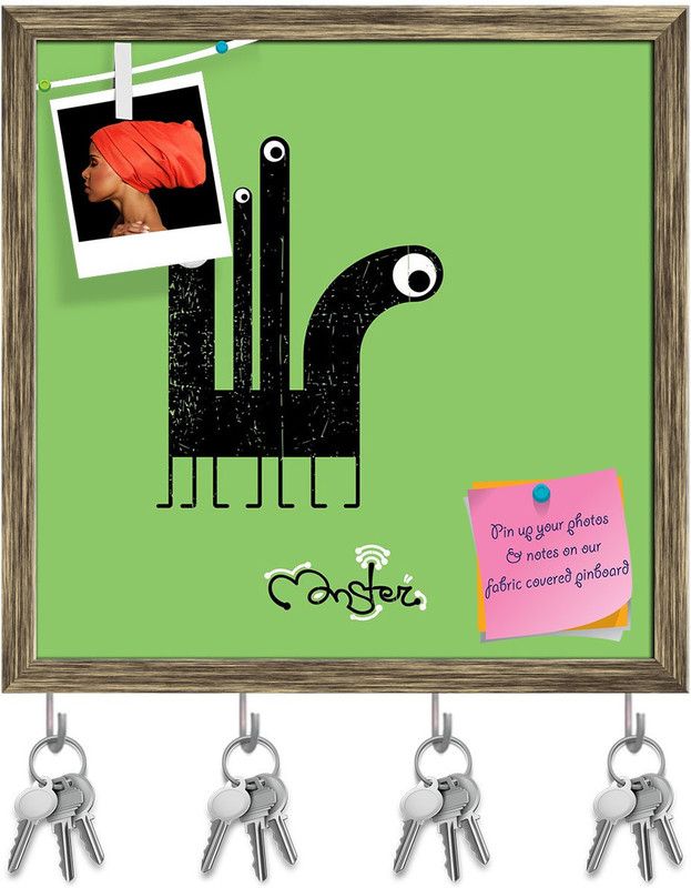 Artzfolio Monster D5 Pinboard with Key Holder Hooks Antique Golden Frame 8x8inch Cork Bulletin Board  (Multicolor 8 x 8 inch (20 x 20 cms))
