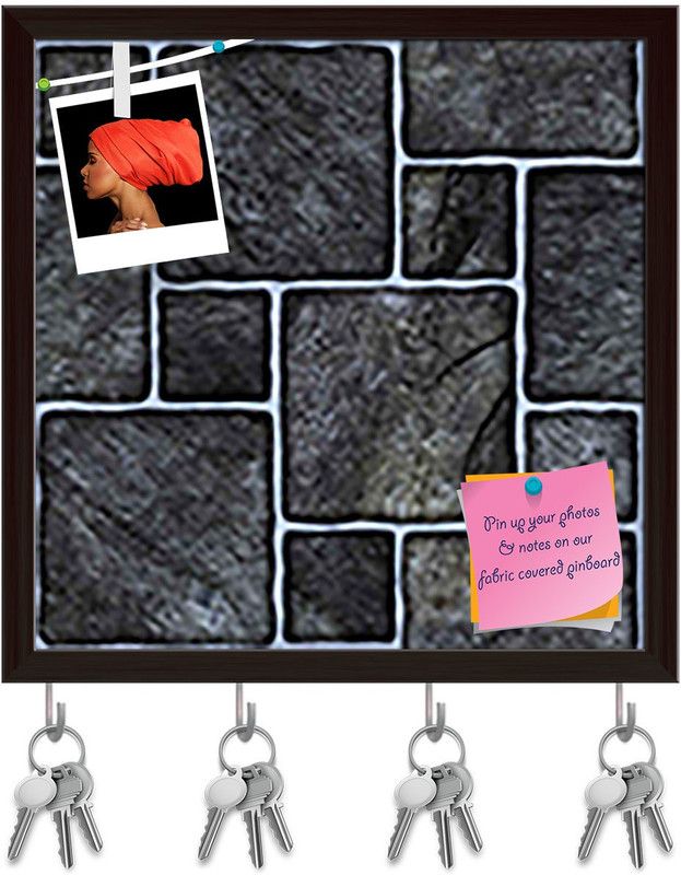 Artzfolio Black Mosaic Pinboard with Key Holder Hooks Dark Brown Frame 10x10inch Cork Bulletin Board  (Multicolor 10 x 10 inch (25 x 25 cms))