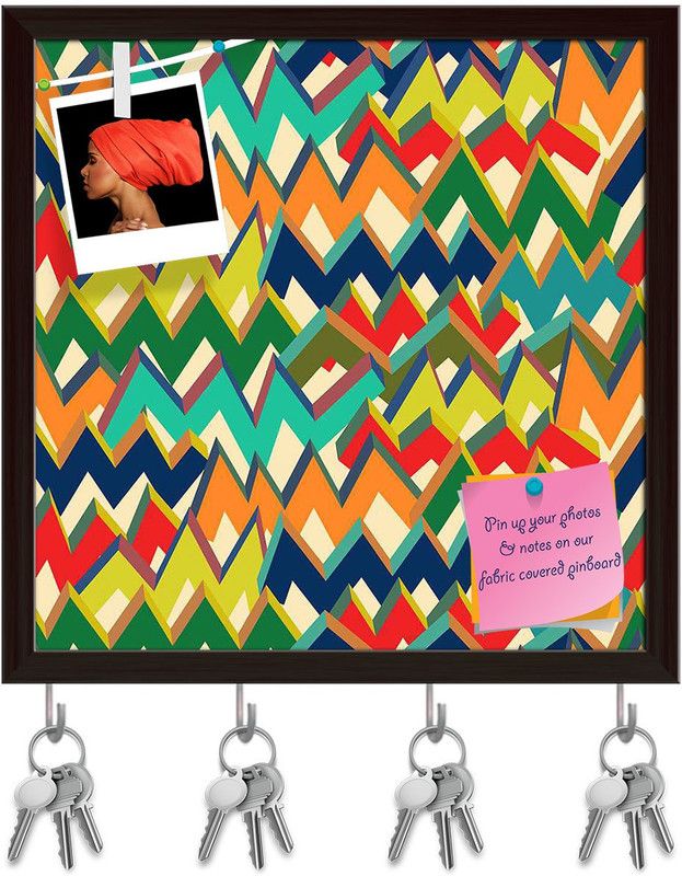 Artzfolio Zigzag Pinboard with Key Holder Hooks Dark Brown Frame 20x20inch (51x51cms) Cork Bulletin Board  (Multicolor 20 x 20 inch (51 x 51 cms))