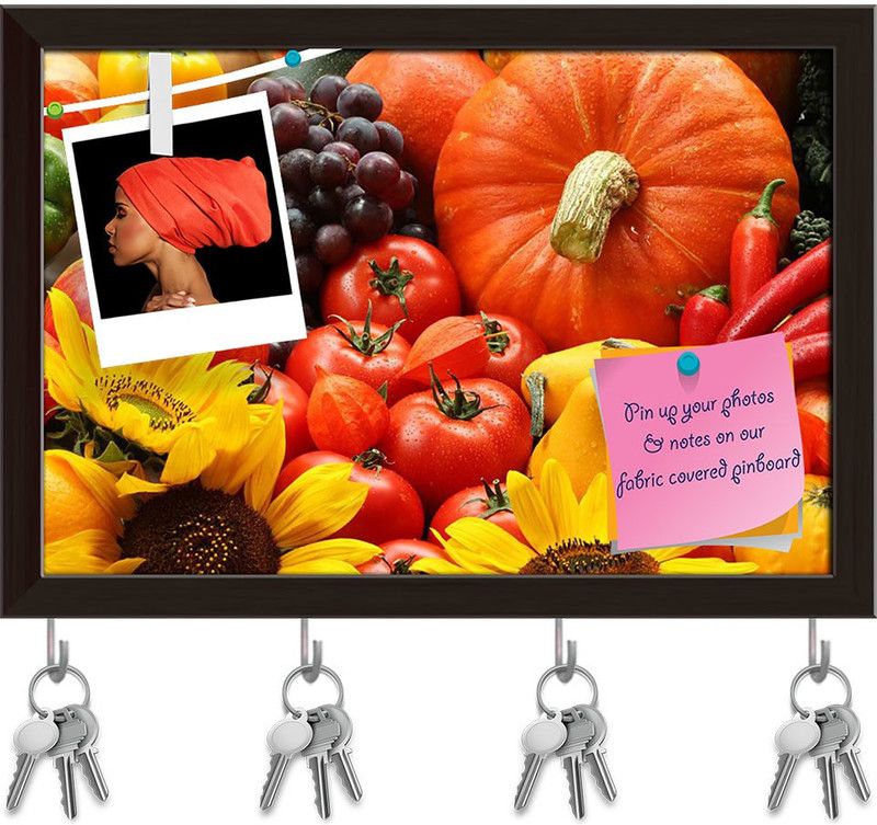 Artzfolio Veggies Fruits & Flowers Pinboard with Key Holders Dark Brown Frame11.5x8inch Cork Bulletin Board  (Multicolor 11.5 x 8 inch (29 x 20 cms))