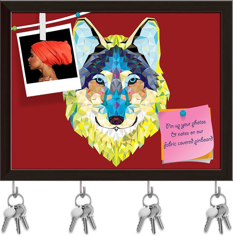 Artzfolio Wolf Head With Geometric Style Pinboard & Key Holders Dark Brown Frame13x10inch Cork Bulletin Board  (Multicolor 13 x 10 inch (33 x 25 cms))