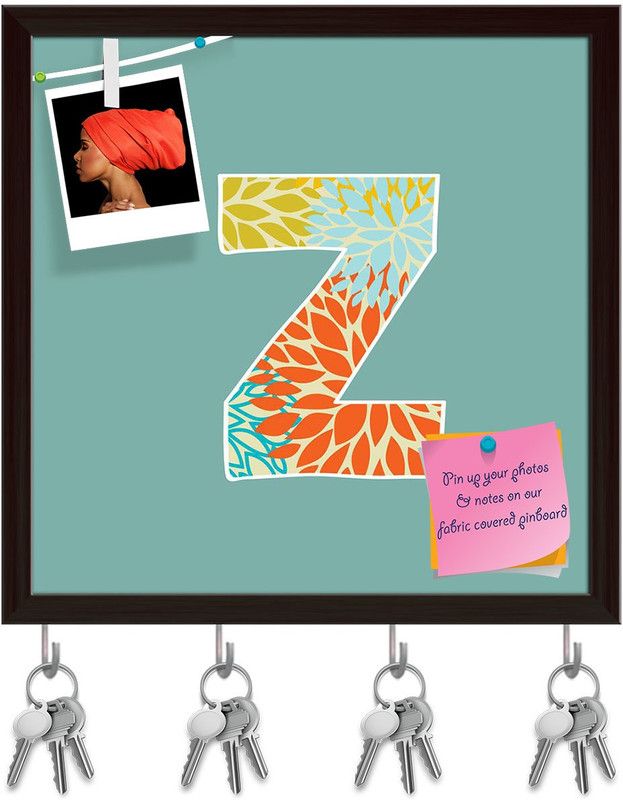 Artzfolio Floral Letter Z Pinboard with Key Holder Hooks Dark Brown Frame 16x16inch Cork Bulletin Board  (Multicolor 16 x 16 inch (41 x 41 cms))