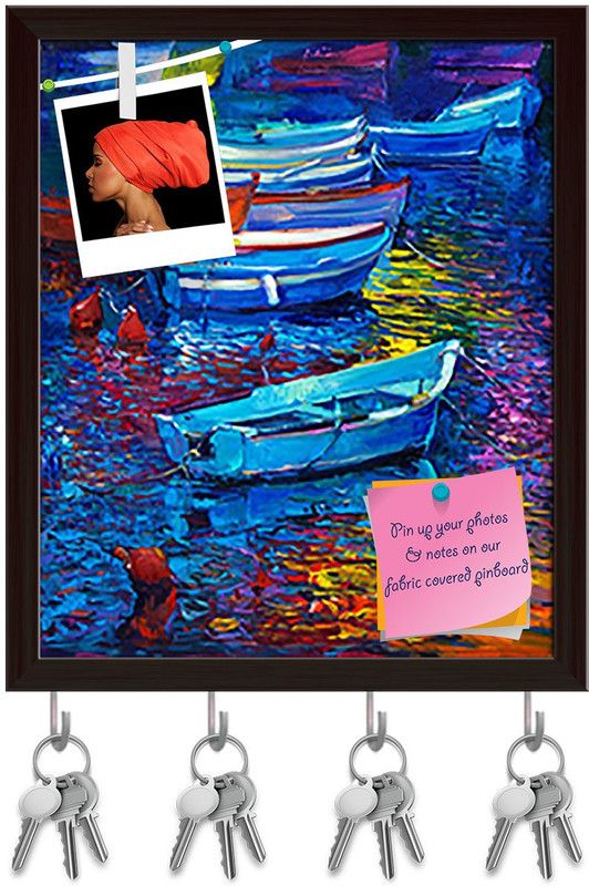 Artzfolio Boats & Sea Pin Board with Key Holders Dark Brown Frame 8x9.4inch (20x24cms) Cork Bulletin Board  (Multicolor 8 x 9.4 inch (20 x 24 cms))