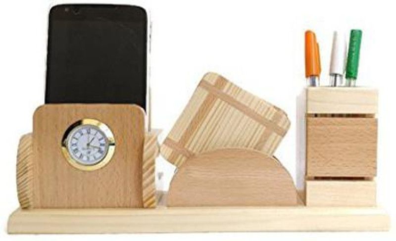 MPH ENTERPRISE 3 Compartments Polished Glossy Wooden Clock Pen Stand / Mobile Stand For Multipurpose Use  (Light Wooden)