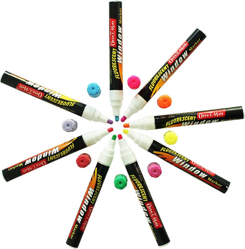 Soni Officemate Fluorescent windowMarkers  (Set of 10, Red, Orange, Green, Yellow, White, Pink)