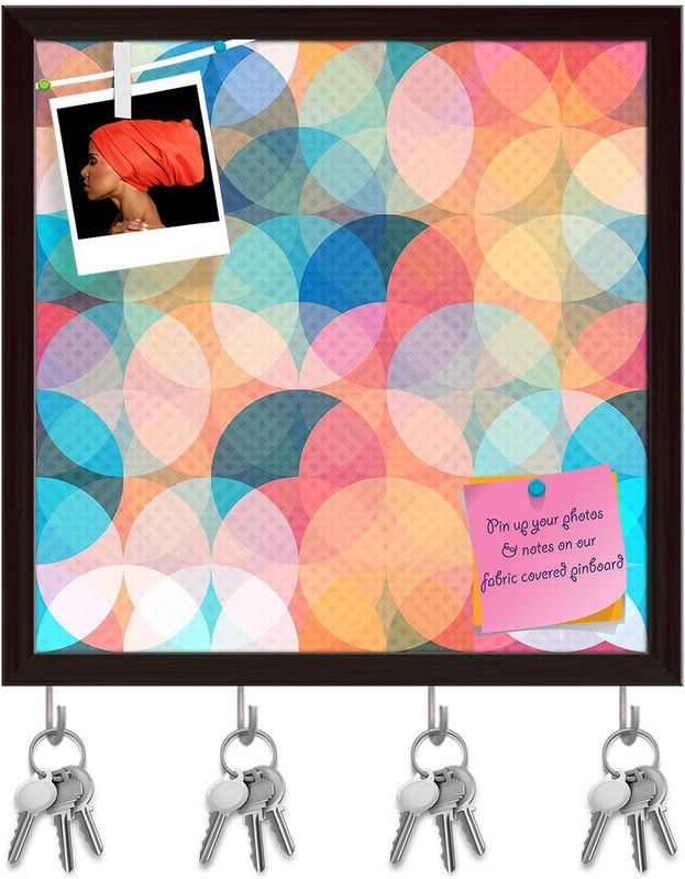 Artzfolio Circles Pinboard with Key Holder Hooks Dark Brown Frame 20x20inch (51x51cms) Cork Bulletin Board  (Multicolor 20 x 20 inch (51 x 51 cms))