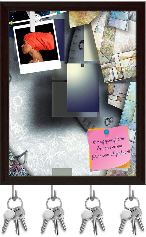 Artzfolio Time & Text Geometric Pin Board with Key Holders Dark Brown Frame 8x10.1inch Cork Bulletin Board  (Multicolor 8 x 10.1 inch (20 x 26 cms))