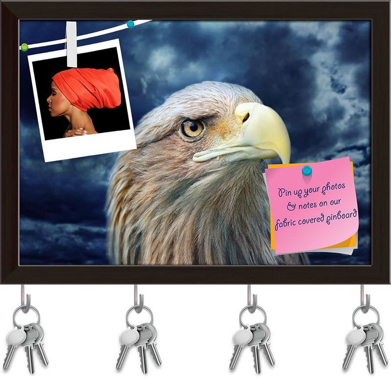 Artzfolio Eagle Face Pinboard with Key Holder Hooks Dark Brown Frame 11x8inch (28x20cms) Cork Bulletin Board  (Multicolor 11 x 8 inch (28 x 20 cms))