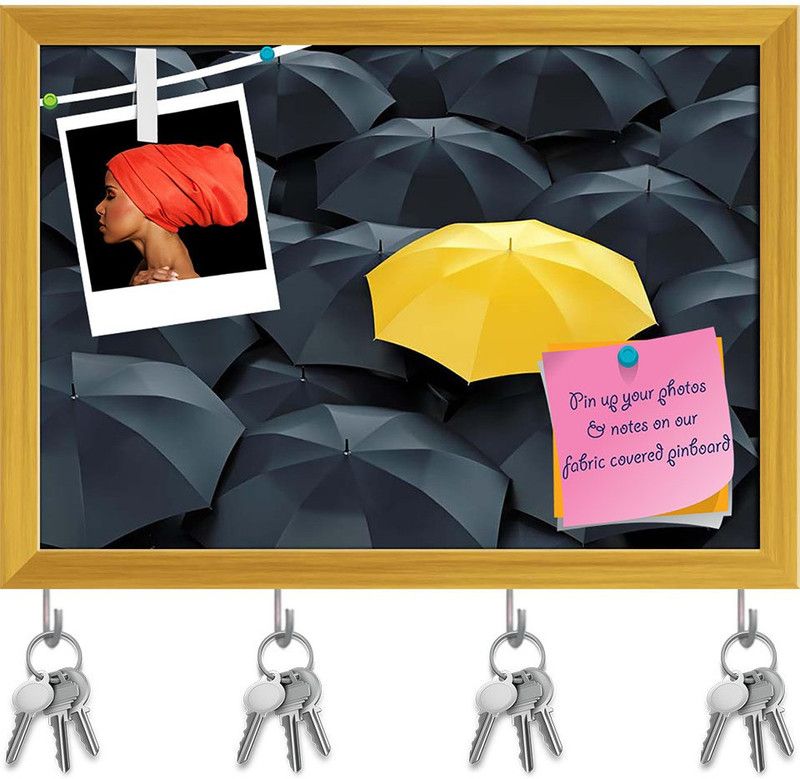 Artzfolio Umbrella Photo D6 Pinboard with Key Holder Hooks Golden Frame 16.7x12inch Cork Bulletin Board  (Multicolor 16.7 x 12 inch (42 x 30 cms))