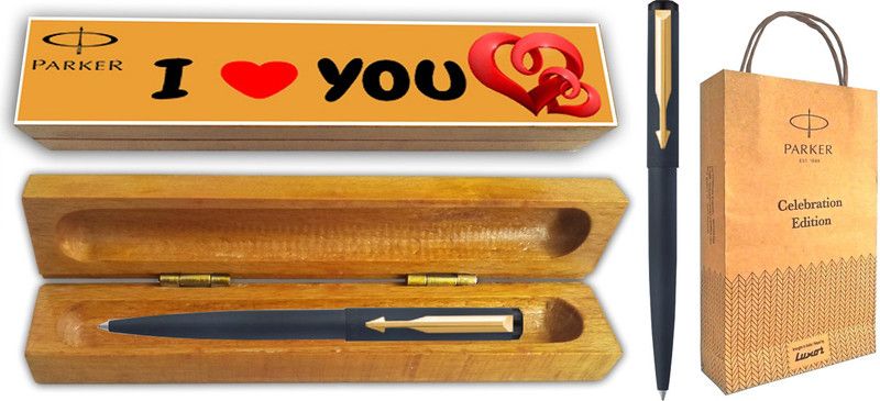 PARKER VECTOR MATTE BLACK GT BP With Wooden I Love You Wishing Gift Box and Gift Bag Ball Pen  (Blue)