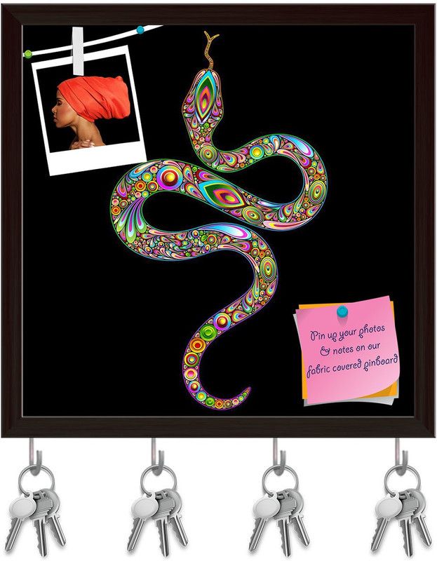 Artzfolio Snake Psychedelic Art Design Pinboard with Key Holders Dark Brown Frame8x8inch Cork Bulletin Board  (Multicolor 8 x 8 inch (20 x 20 cms))