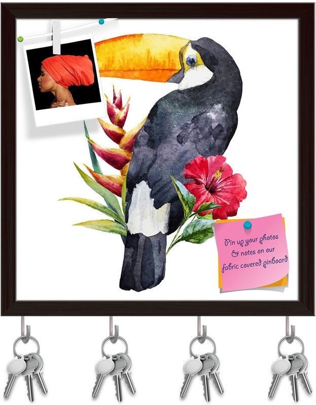Artzfolio Beautiful Toucan With Flowers Pinboard & Key Holders Dark Brown Frame20x20inch Cork Bulletin Board  (Multicolor 20 x 20 inch (51 x 51 cms))